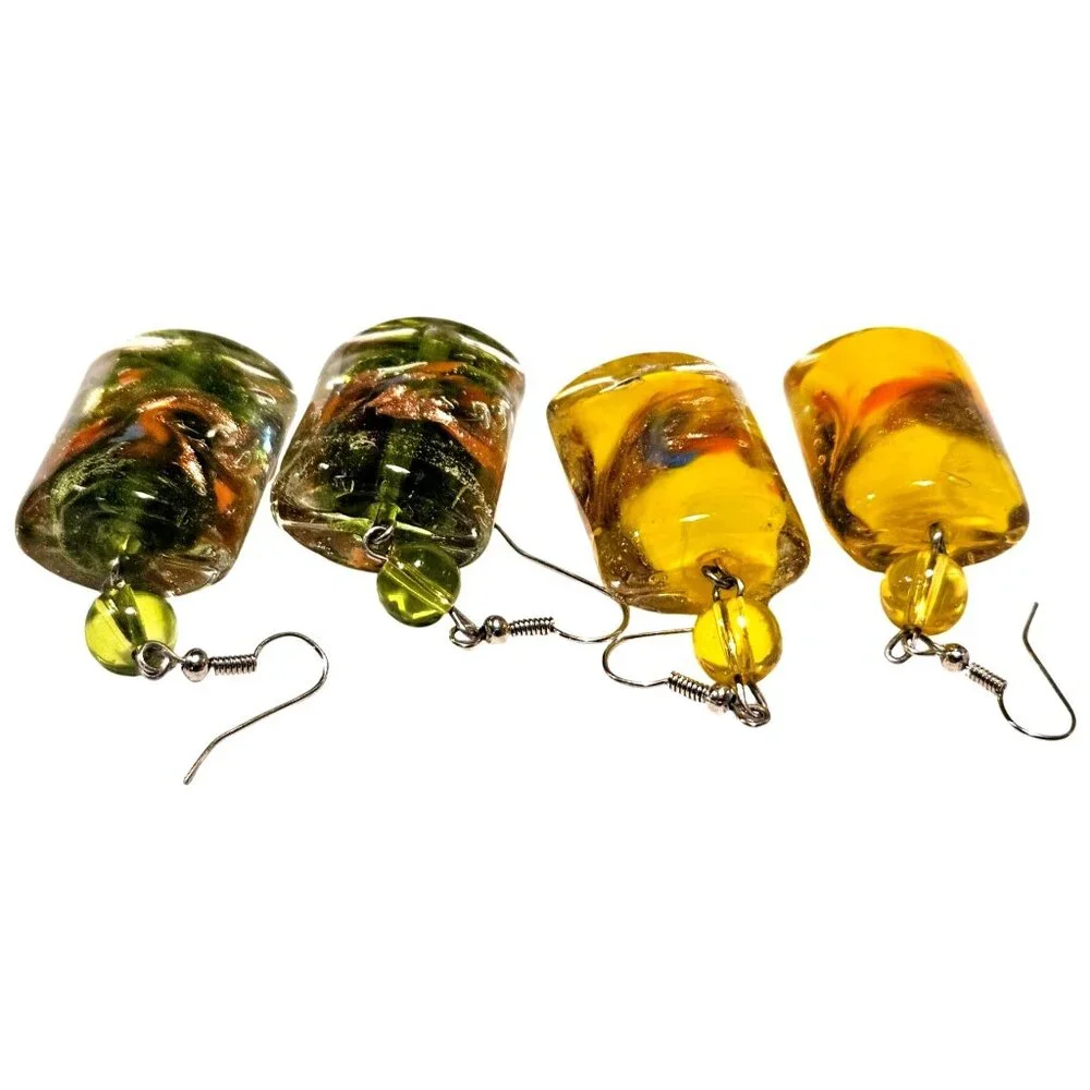 2 Vintage Earrings Hand Blown Art Glass Chunky Dangle With Hook Yellow‎ & Green